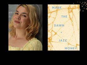 Two panels. On the left is poet Jazz Money. She has blonde hair and is wearing a yellow top. On the right is the cover of her book 'mark the dawn' which is yellow and covered in random markings.