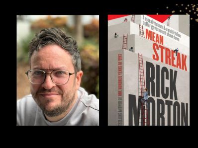 Two panels. On the left is author Rick Morton. He has grey-brown tousled hair, glasses and a three-day growth. On the right is his book 'Mean Streak', which shows people trying to climb up a ladder.