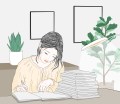 An illustration of a woman writing. There is a stack of paper beside her and plants and pictures in the background.