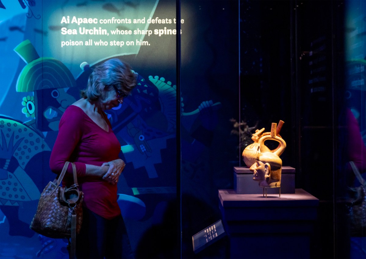 woman looking at artefact in Museum with blue lighting Machu Picchu