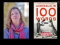 Two panels. On the left is photo of Amanda Laugesen, who has blonde hair and is wearing a pink scarf over a violet top. On the right is the cover of her book 'Australia in 100 words', which features a black and white image of a man boxing with a kangaroo.