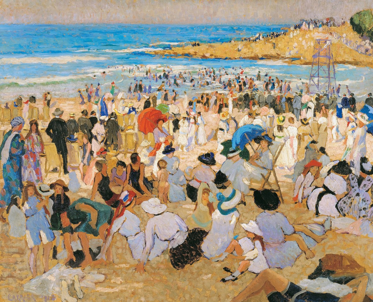 Post Impressionist painting of people in a beach scene on a sunny day. Ethel Carrick