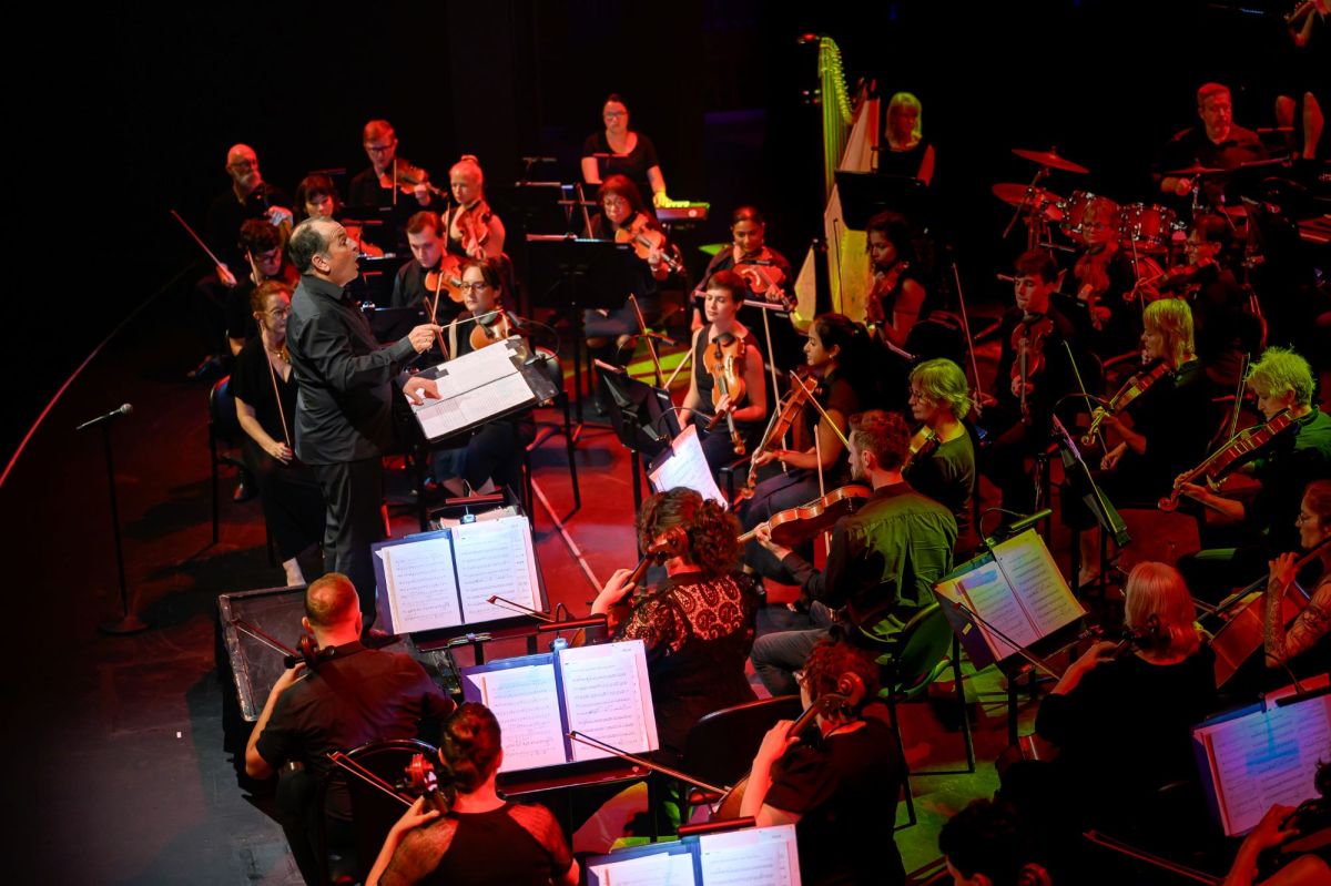 Darwin Symphony Orchestra will tour the Northern Territory in its 2025 season. The photo looks down on the orchestra, arrayed around a podium as a middle-aged man in a suit conducts. The photo is taken from above and to the side, so that we can see the strings section, a harpist, percussionist and other Orchestra members.