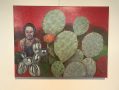 A painting by Merrin Eirth that features a cactus, a clown and an inflatable silver dog balloon.