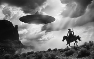 2024 Queensland Regional Art Awards, Emerging Artist Award winner, Teddy Horton, for 'Stars Align'. A black and white image of a cowboy chasing a ufo.