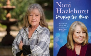 Left panel a middle aged woman Noni Hazlehurst, sits with arms folded in front of a nature backdrop. She is wearing a grey and white patterned top and has longish grey hair. On the right panel is a blue book with the same person's face on it. Dropping the Mask