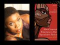 Two panels. On the left is photo of Eugen Bacon. On the right is the cover of her book, 'Afro-Centered Futurisms in Our Speculative Fiction' with features a profile illustration of a black woman.