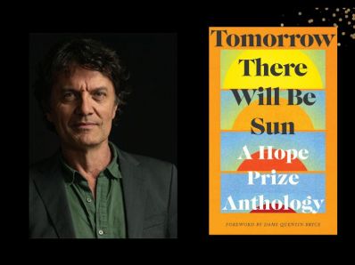 Two panels. On the left is writer John Merkel. He has dark hair and is wearing a dark jacket with green shirt. On the right is the cover of the book 'Tomorrow There Will Be Sun', with an illustration of rising suns.