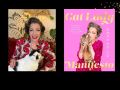 Two panels; On the left is the writer Anna Go-Go, who is wearing a black and red print top and holding onto her black and white cat. On the right is the cover of her book. It's pink and features Anna Go-Go wearing pink and black leopard print top holding onto a tabby cat.