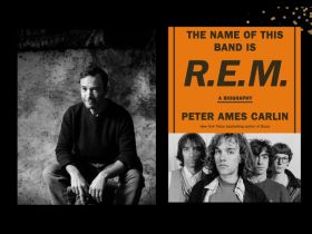 Two panels. On the left is of author Peter Ames Carlin. He has dark hair and a dark shirt and tan trousers. He is seated. On the right is the cover of his book, 'The Name of this band is R.E.M' which features an orange background and 4 members of R.E.M when young and Michael Stipes still had hair.