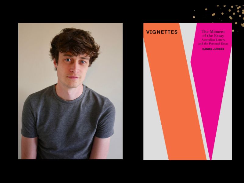 Two panels. On the left is Daneil Juckes, who has brown hair and is wearing a grey t-shirt. On the right is the cover of his book, 'The Moment of the Essay' which has an orange and pink column on the diagonal.