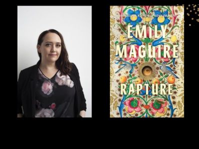 Two panels. On the left is author Emily Maguire, She has long brown hair and is wearing a black top with florals. On the right is the cover of her book, Rapture, which is covered in a elaborate floral design with an eye peering through in the centre.