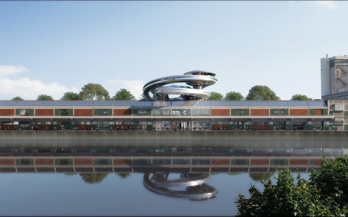 Artist impression of Fenix, a new gallery and migration museum in Rotterdam. A shiny steel spiral architecture beside a riverside.