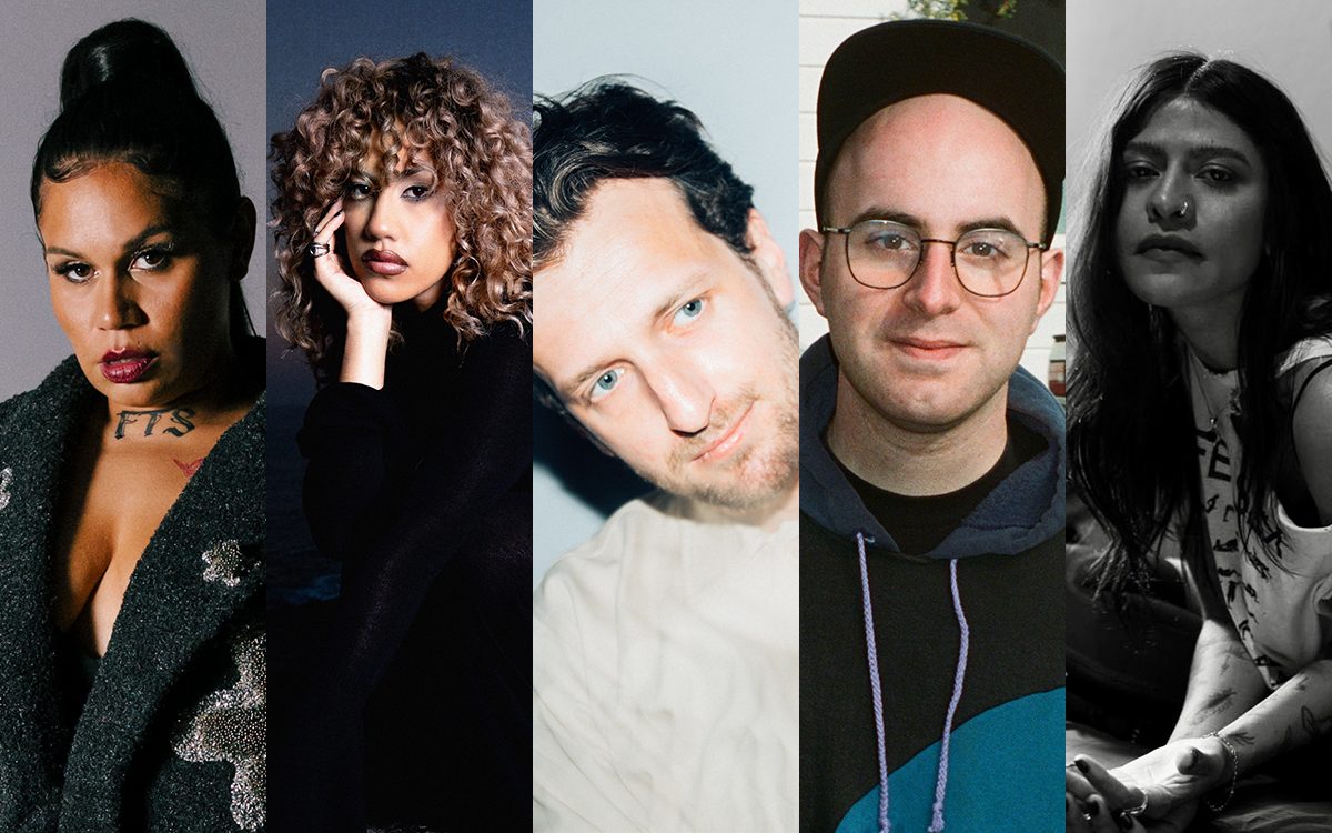 A collage of APRA Professional Development Awards finalists, featuring cropped headshots. L to R: BARKAA (an Australian First Nations woman with dark skin, a high tight pony tail and a bold makeup look), Becca Hatch (a woman with light tan skin and curly brown hair, resting her head on her hand), Harvey Sutherland (a man with pale skin, blue eyes and brown short ahir, wearing a white top looking to the side), Gabriel Strum (a man with pale skin, wearing a cap and round glasses, smiling at the camera), Charlie Collins (a black and white photo of a woman with dark skin and dark hair, her hands resting face up and sitting in a cross legged position.