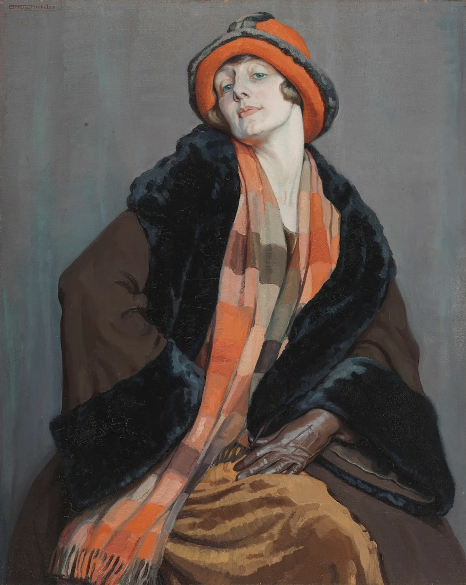 Painting of woman in fur coat and orange hat from the 1920s. Hilda Rix Nicholas