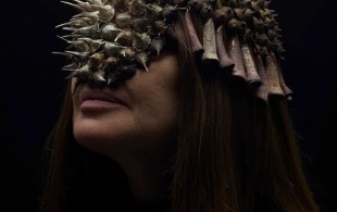 Detail of a woman's face with exotic jewellery obscuring her features. women artists