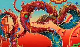 A digital artwork by Chris Yee depicting a large red snake with its body twisted against a blue and red background with traditional Asian motifs.