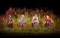 theatre audiences: Four elderly female actors sitting onstage on chairs amongst long grass against a black backdrop.