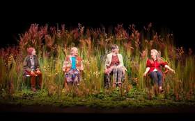 theatre audiences: Four elderly female actors sitting onstage on chairs amongst long grass against a black backdrop.