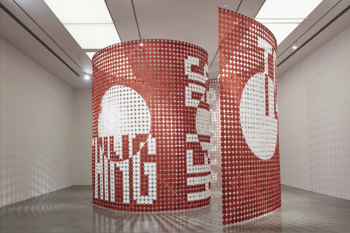 installation art of red and white text sculpture. Rose Nolan