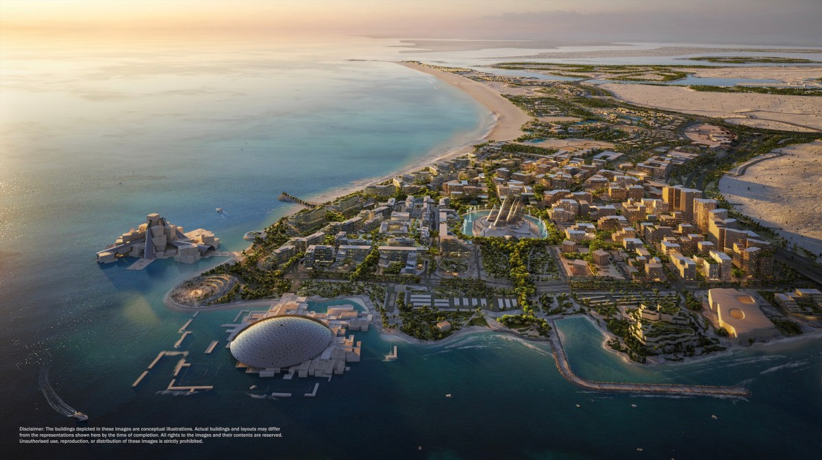 Saadiyat Cultural District 3D render. A coloured digital render of a coastal city filled with large architecture features that represent the museums and smaller, tightly clustered buildings. 