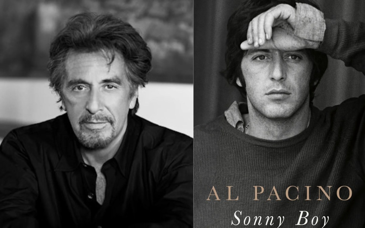 Two black and white panels. On the left a head and shoulders of an older man (Al Pacino) with black hair brushed back, goatee and moustached, in a black shirt. On the right the book cover of a younger clean shaven Al Pacino holding his hand across his forehead and wearing a dark jumper, and the words Al Pacino in gold and Sonny Boy in white.