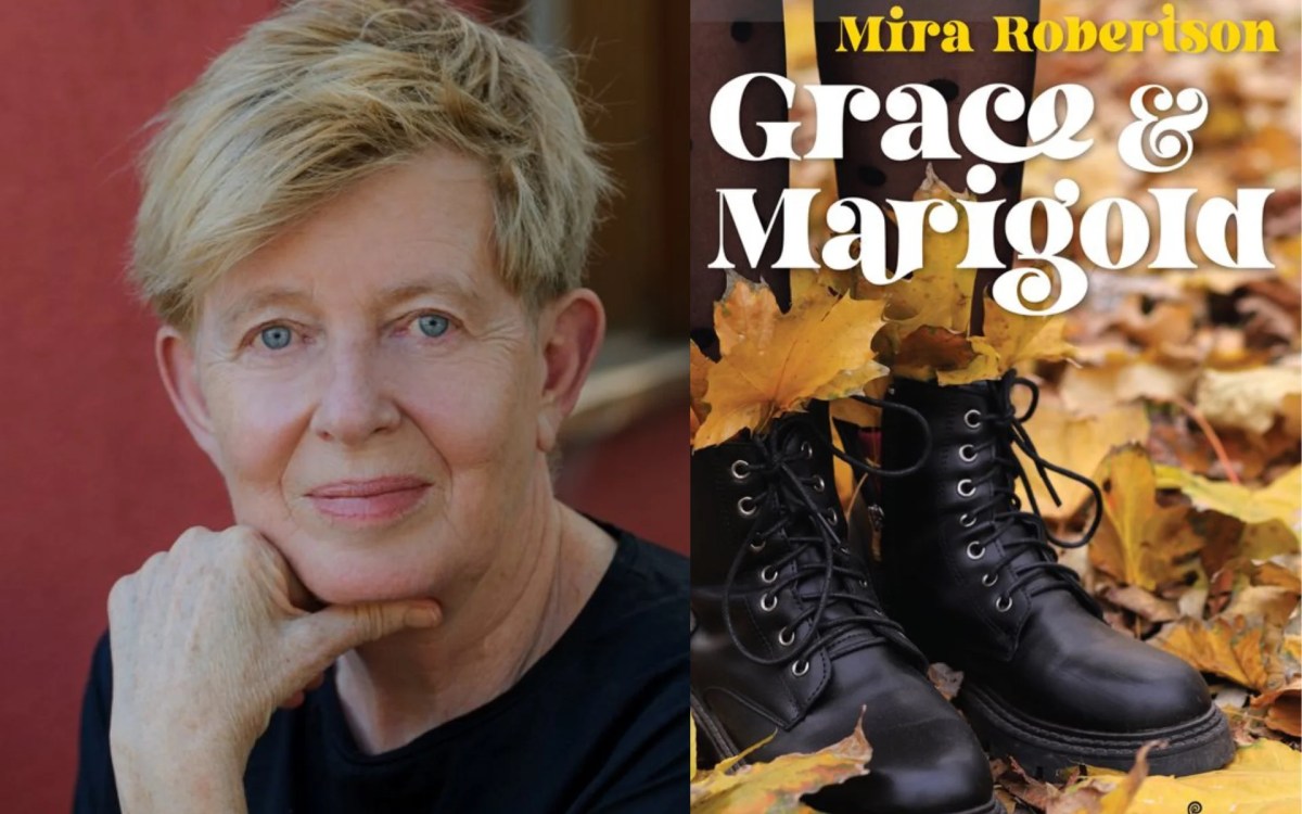 left panel is a headshot of a middle aged Caucasian woman with short cropped blonde hair resting her chin on her right hand, wearing a black round neck shirt against a red backdrop. On the right is a book cover of the bottom half of some black stockinged legs wearing black lace up boots standing in yellow fallen leaves and the words Grace and Marigold in white at the top