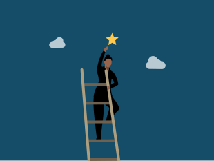 An illustration of a woman in black climbing a ladder to reach a star.