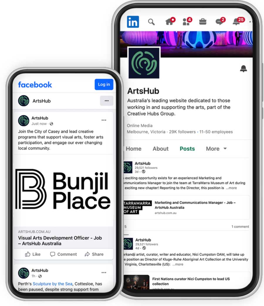 Mobile phone depicting ArtsHub's social channels with job advertising displayed on Facebook and LinkedIn