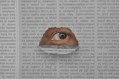 sheet of newspaper with hole and eye looking out. Arts news