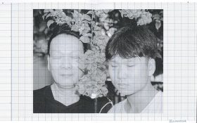 A photographic work depicting two Asian men with eyes closed and a leafy branch reading between them, rendered on grid paper.