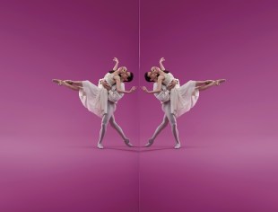 ballet companies: a male-female ballet pas de deux posing in a white tutu costume against a bright pink backdrop. Their pose is mirror imaged on each half of the photo.