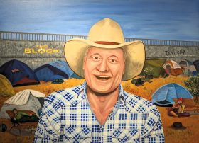 The Bald Archy is open to artists of all ages, and prioritizes humor. Image: one of last year's finalists, 'The Block Tent City' by Elle McKay.