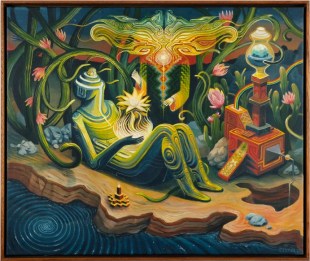 A green human-like figure lying among a garden with psychedelic overtones.