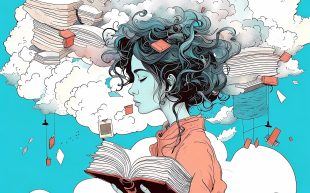 An illustration of a girl in profile. she is carrying a book. There are also books in the cloud above her.