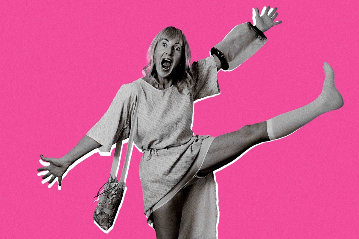 On a pink background an image of a woman in a hospital gown kicking her leg up in the air. Cancer and Cartwheels Jo Prendergast