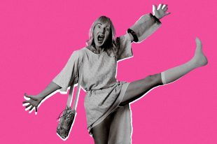 On a pink background an image of a woman in a hospital gown kicking her leg up in the air. Cancer and Cartwheels Jo Prendergast