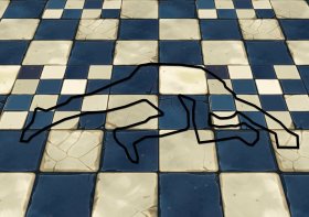 An outline of a body strewn out on a blue and cream chequered floor