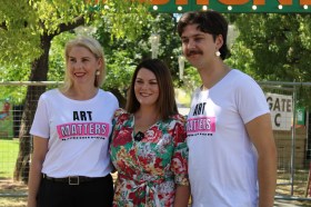 South Australian Greens Senator and arts spokesperson Sarah Hanson-Young, centre, together with Greens candidate for the Federal seat of Adelaide, Mat Monti (left), and Katie McCusker, the Greens candidate for Sturt (right).