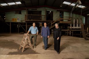 Inside NORPA’s vision for a new home, The Joinery. L-R: AD Julian Louis, architect John Choi, Executive Director Libby Lincoln.