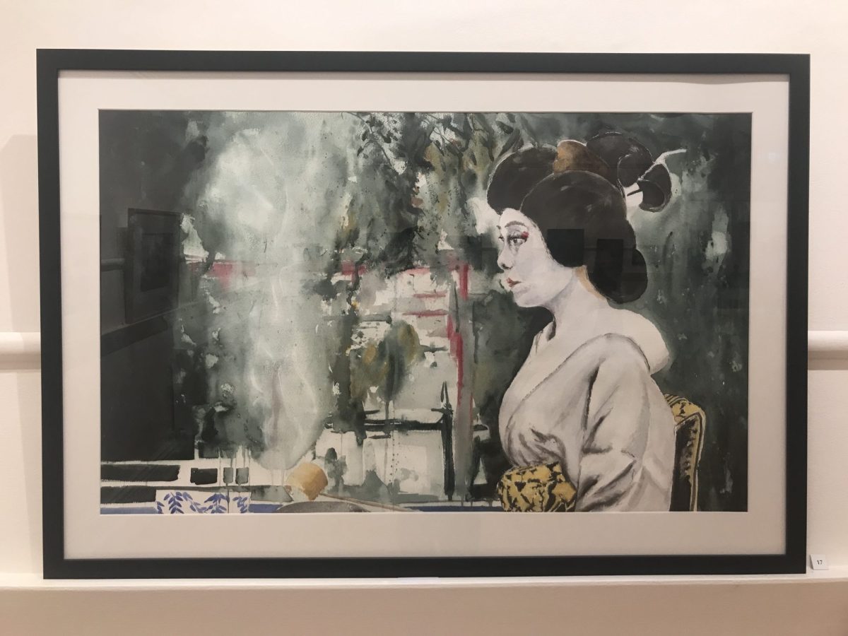 'Tea, Tokyo', John Rabling. A painting depicting a geisha at a tea ceremony.