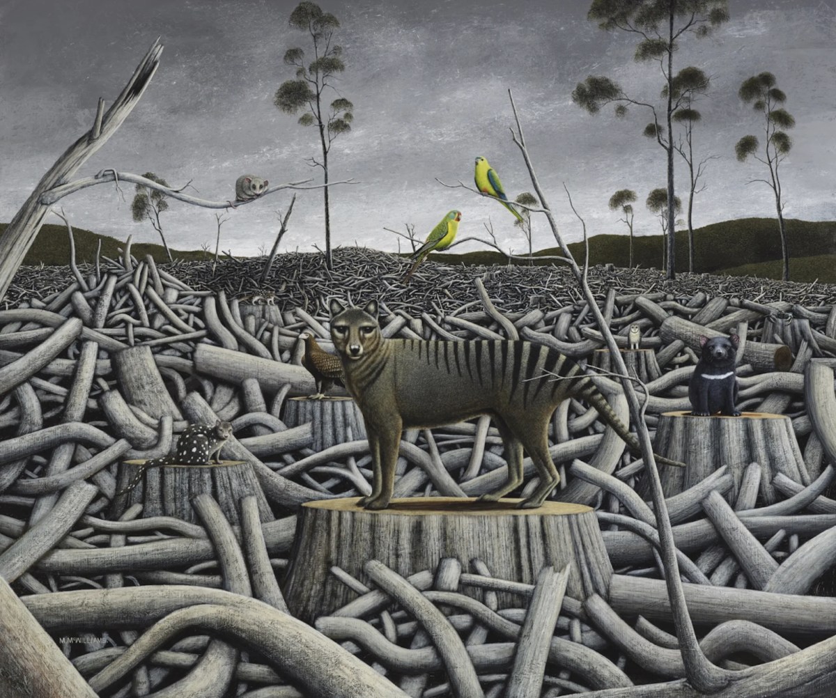 realistic style painting of Tasmania devil and other native animals surrounded by logged forest. Michael McWilliams.