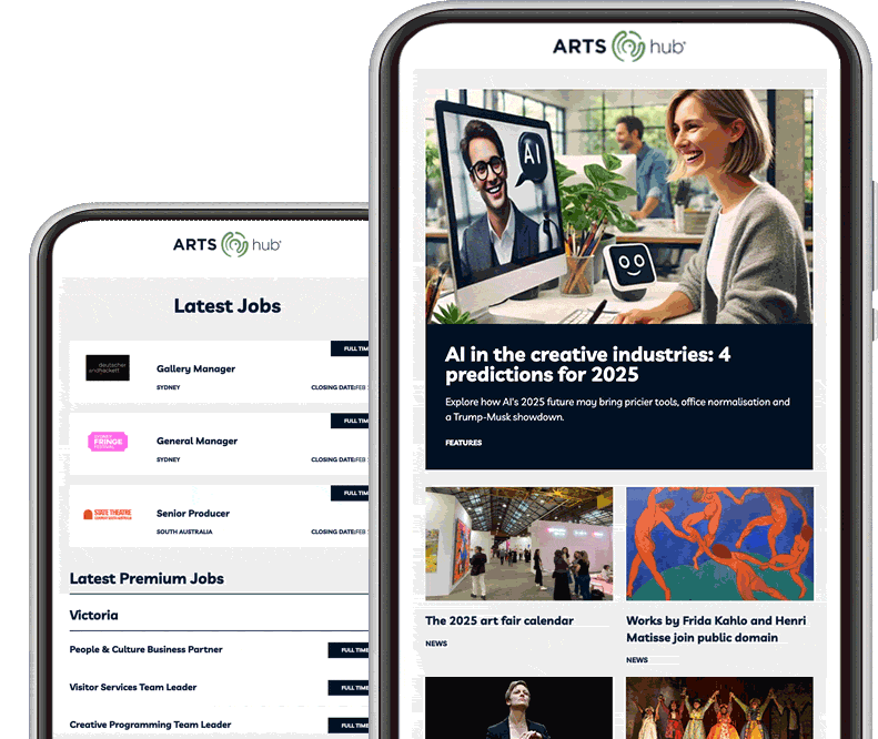 Examples of ArtsHub Newsletters, feature arts industry jobs and industry news and views on a mobile device.