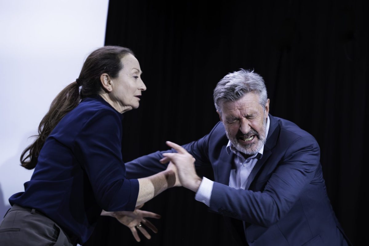 Caroline Lee, with brown hair in pony tail and wearing blue top, is tussling with Peter Houghton, a man with grey hair in a suit. Honour.