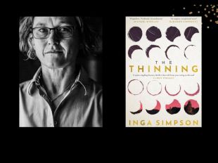 Two panels. On the left is author Inga Simpson, who ha short hair and is wearing glasses. On the right is the cover of her book, 'The Thinning', which is covered by the moon in its different phases.