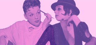 Judy Garland and Liza Minnelli. Garland is using an eyebrow brush. Minnelli has a black hat on.