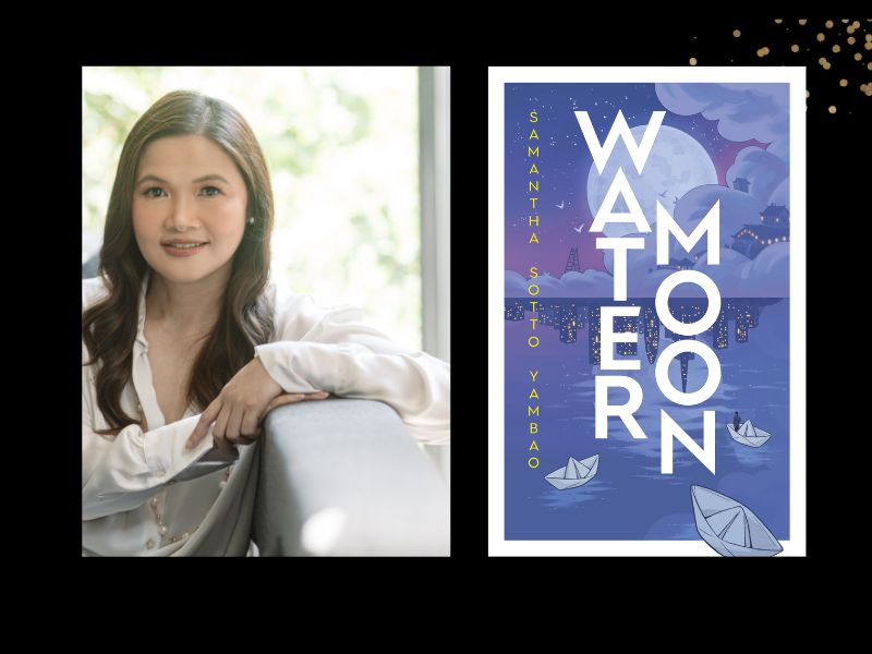 Two panels: on the left is a young woman with long dark hair and a white blouse, on the right is a book cover in purple hues, with the words water moon written in white vertically