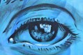 Black line drawing of an eye on blue background. Arts news watch