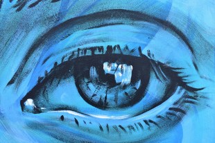 Black line drawing of an eye on blue background. Arts news watch