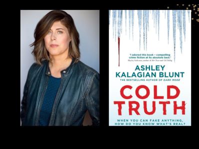 Two panels. On the left is of author Ashley Kalagian Blunt. She has brown hair and is wearing a leather jacket. On the right is the cover of her novel, 'Cold Truth". There are icicles on the background, one dripping with blood.